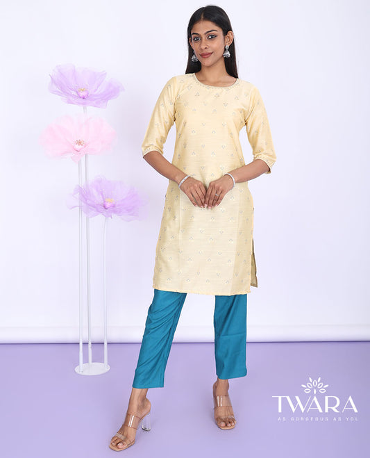 Twara sandal unique buttas round-neck 3/4th sleeve silk cotton straight-cut knee-length kurti