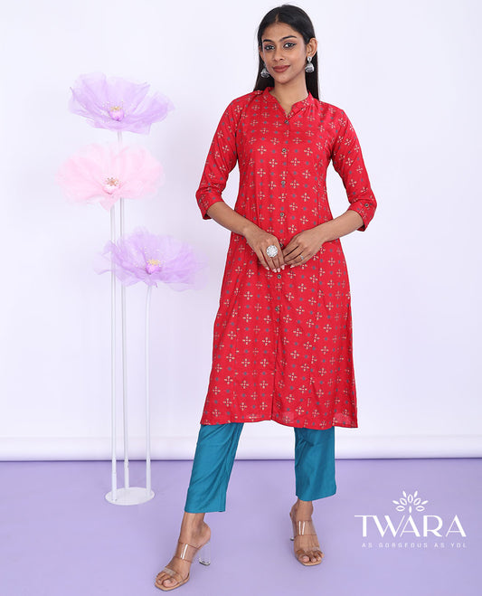 Twara red unique motifs printed Chinese collar 3/4th sleeve rayon a-line below-knee kurti