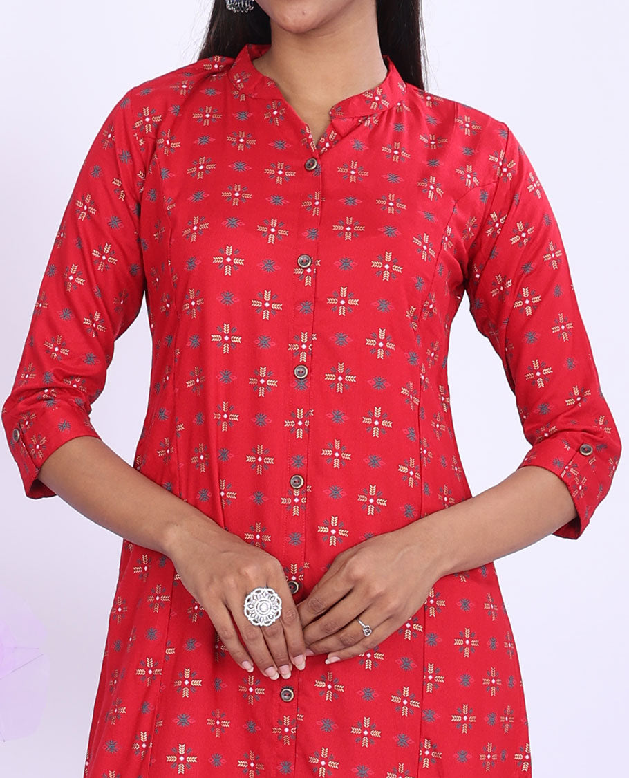 Twara red unique motifs printed Chinese collar 3/4th sleeve rayon a-line below-knee kurti
