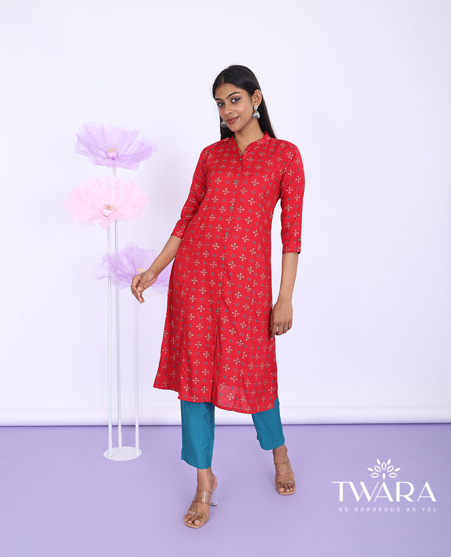 Twara red unique motifs printed Chinese collar 3/4th sleeve rayon a-line below-knee kurti