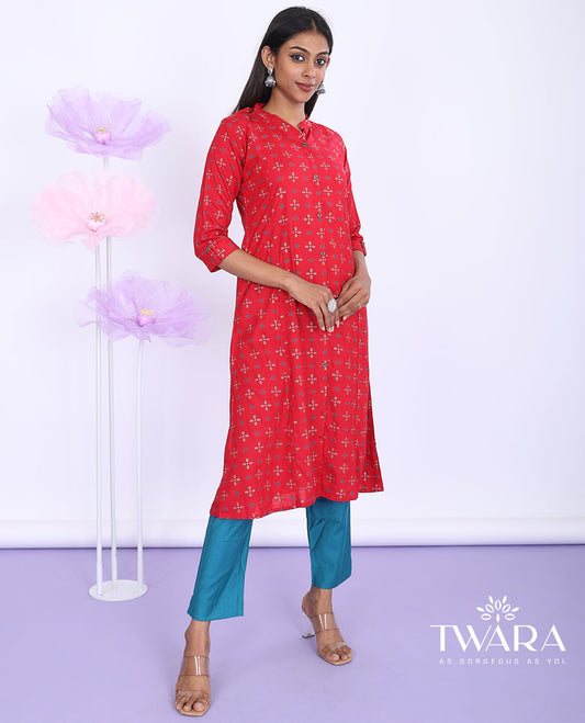 Twara red unique motifs printed Chinese collar 3/4th sleeve rayon a-line below-knee kurti