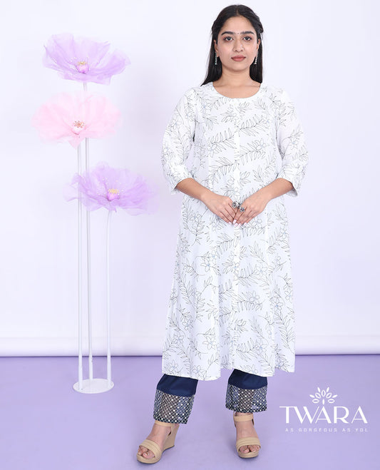 Twara white floral vine printed round neck 3/4th sleeve rayon a-line below-knee kurti