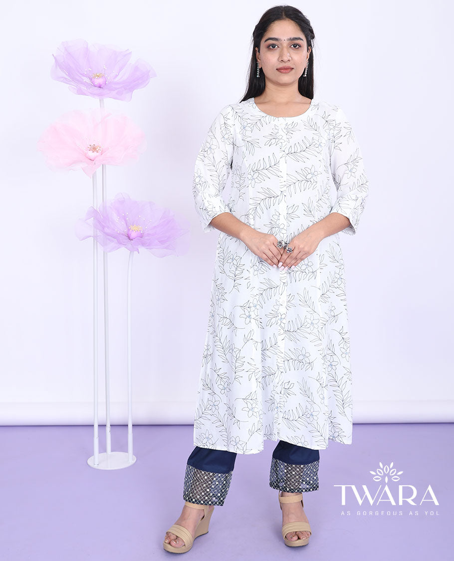 Twara white floral vine printed round neck 3/4th sleeve rayon a-line below-knee kurti