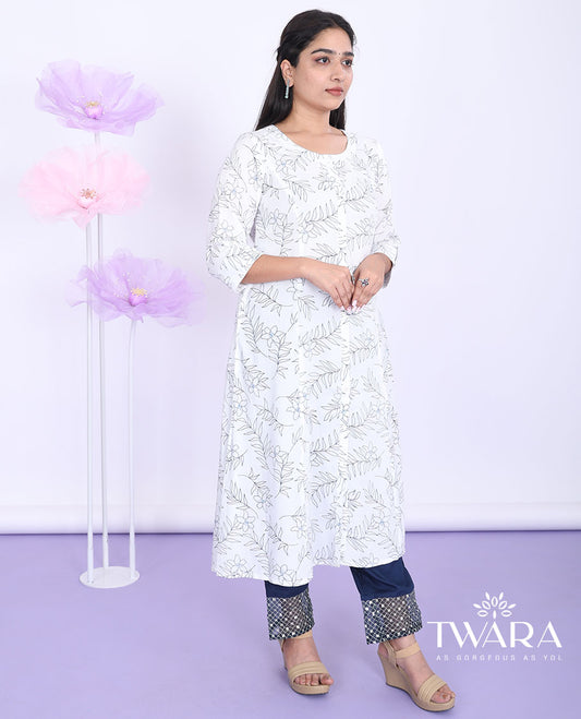 Twara white floral vine printed round neck 3/4th sleeve rayon a-line below-knee kurti