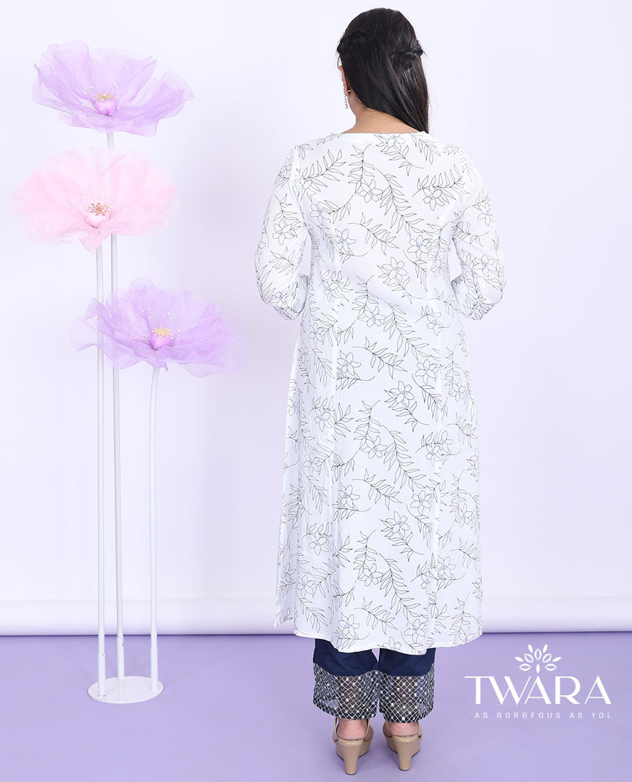 Twara white floral vine printed round neck 3/4th sleeve rayon a-line below-knee kurti