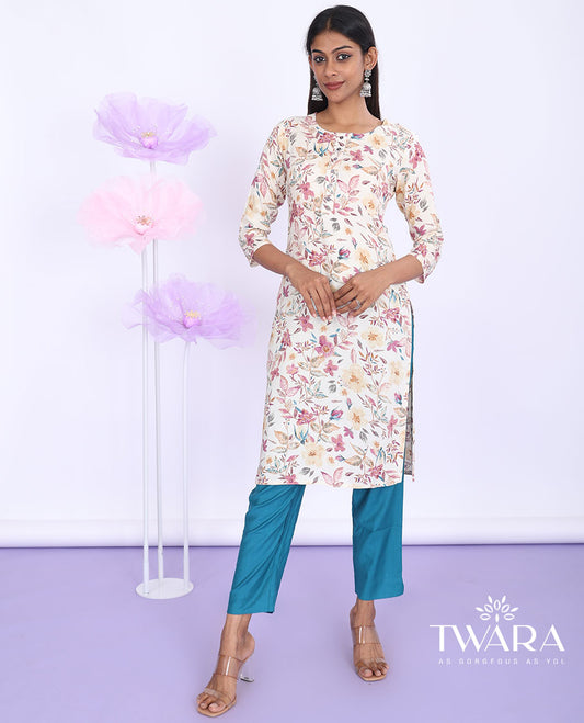 Twara multi-color floral vine printed round neck 3/4th sleeve rayon straight-cut knee-length kurti