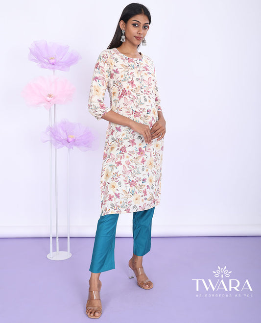 Twara multi-color floral vine printed round neck 3/4th sleeve rayon straight-cut knee-length kurti