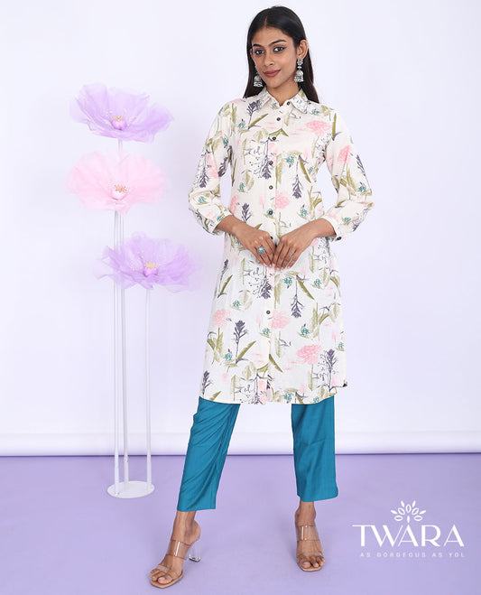 Twara multi-color floral & leaf printed regular collar with 3/4th sleeve cotton straight-cut knee-length kurti
