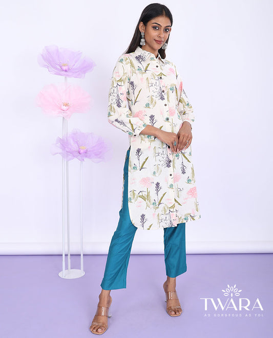 Twara multi-color floral & leaf printed regular collar with 3/4th sleeve cotton straight-cut knee-length kurti