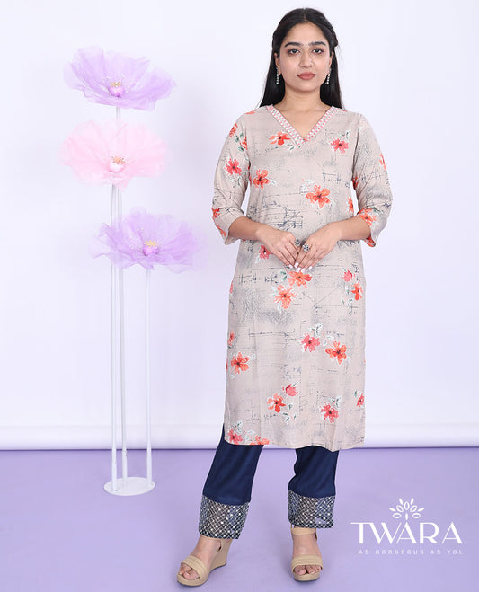 Twara pastel brown floral printed V-neck with 3/4th sleeve cotton straight-cut below-knee kurti