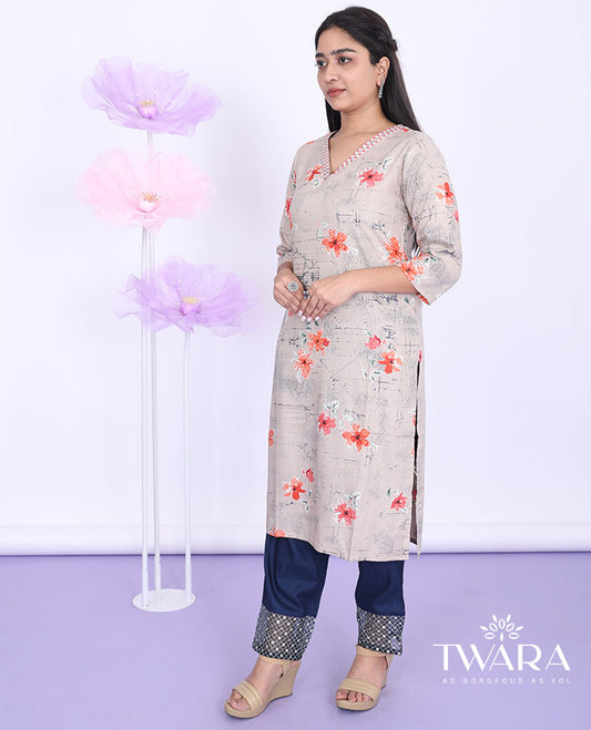 Twara pastel brown floral printed V-neck with 3/4th sleeve cotton straight-cut below-knee kurti