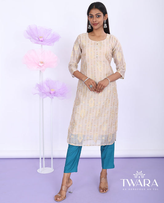 Twara pastel brown uniquely designed round-neck with 3/4th sleeve tissue straight-cut below-knee kurti