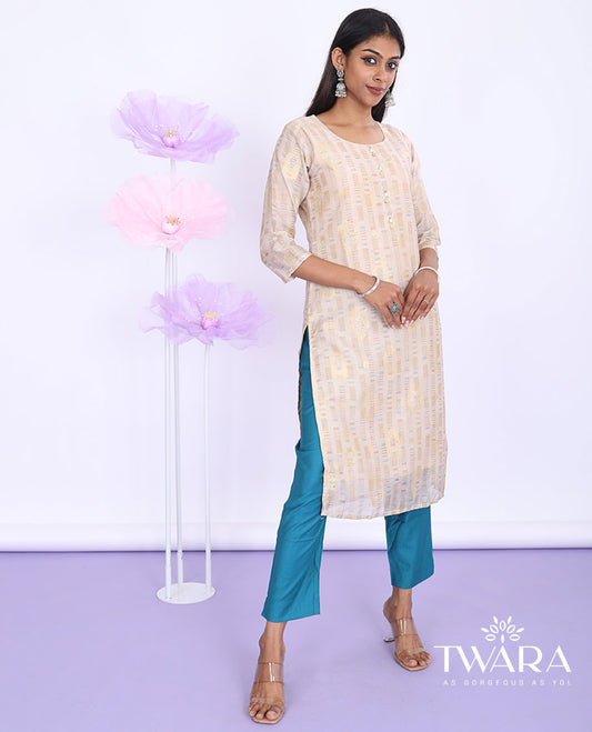 Twara pastel brown uniquely designed round-neck with 3/4th sleeve tissue straight-cut below-knee kurti