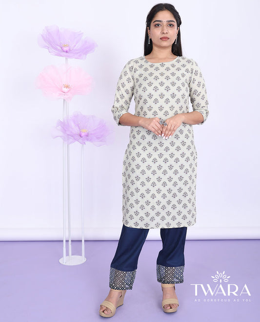 Twara beige unique motifs round-neck with 3/4th sleeve cotton straight-cut below-knee kurti