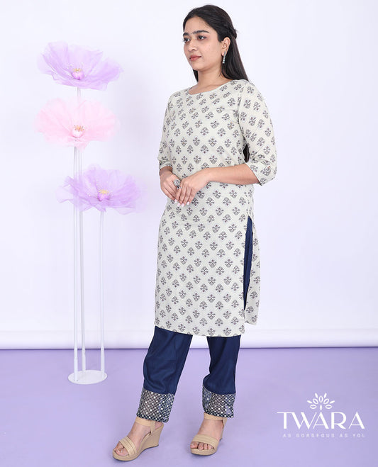 Twara beige unique motifs round-neck with 3/4th sleeve cotton straight-cut below-knee kurti
