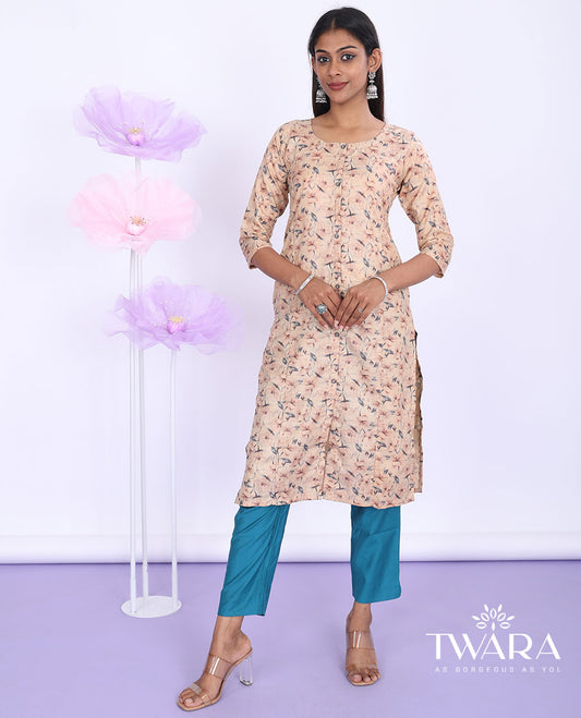 Twara peach floral vine printed round-neck with 3/4th sleeve cotton straight-cut below-knee kurti
