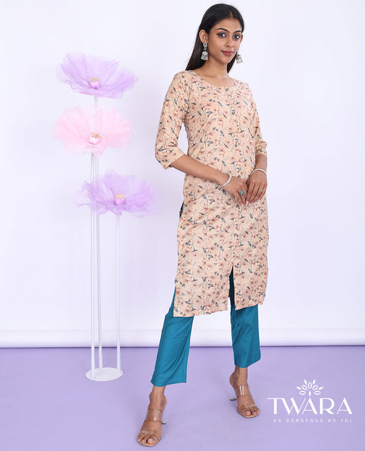 Twara peach floral vine printed round-neck with 3/4th sleeve cotton straight-cut below-knee kurti