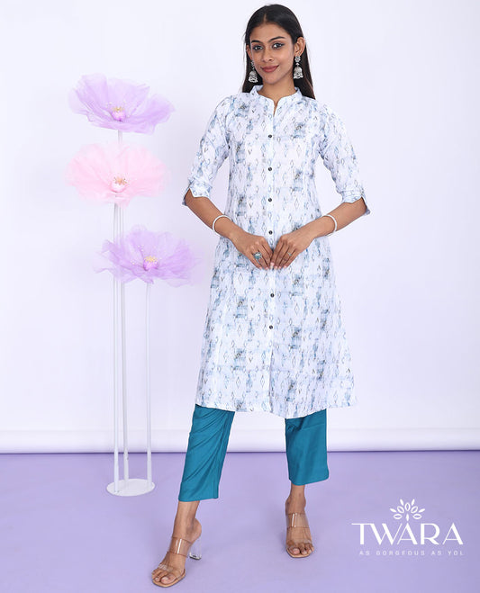 Twara blue unique motifs printed Chinese collar with 3/4th sleeve cotton straight-cut below-knee kurti