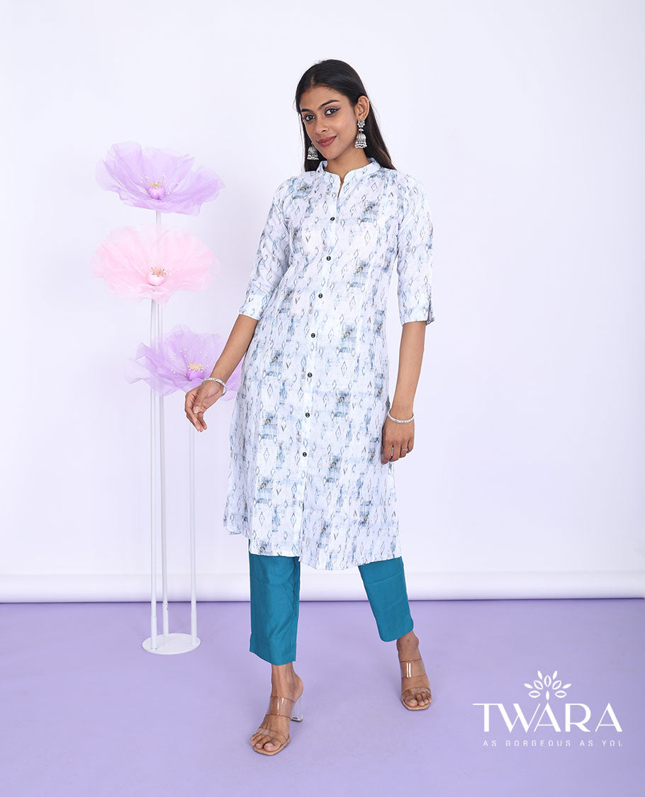 Twara blue unique motifs printed Chinese collar with 3/4th sleeve cotton straight-cut below-knee kurti