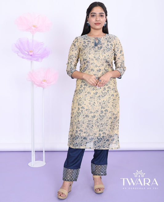 Twara gold floral vine printed round neck with 3/4th sleeve tissue straight-cut below-knee kurti