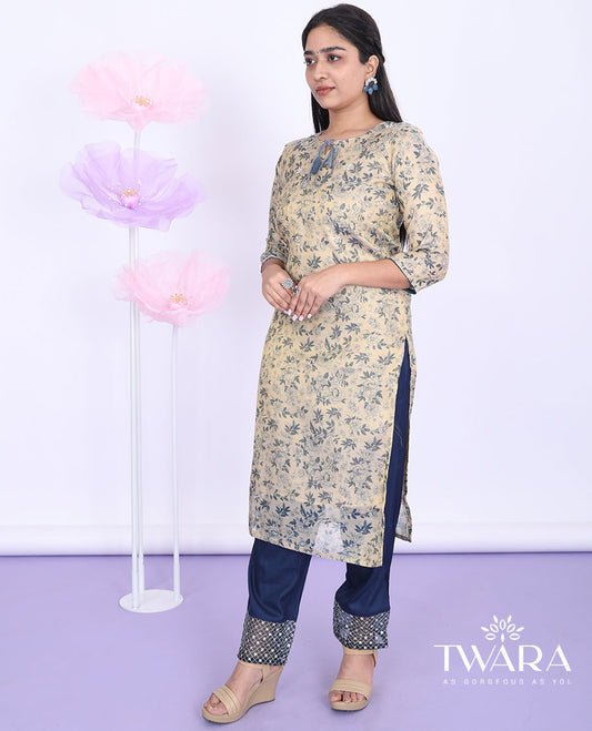 Twara gold floral vine printed round neck with 3/4th sleeve tissue straight-cut below-knee kurti