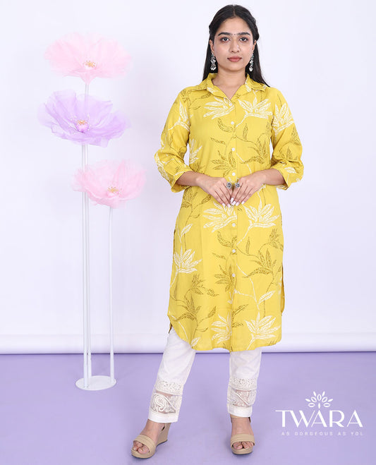 Twara yellow floral vine printed regular collar with 3/4th sleeve cotton straight-cut below-knee kurti