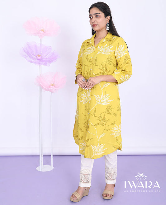 Twara yellow floral vine printed regular collar with 3/4th sleeve cotton straight-cut below-knee kurti