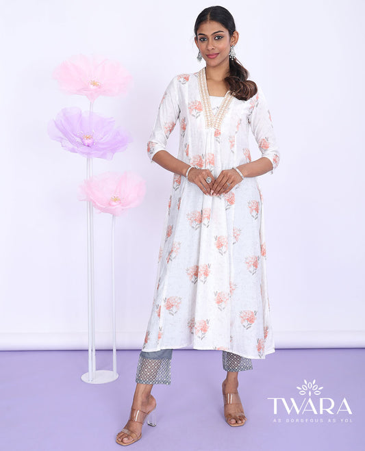 Twara cream floral printed v-neck with 3/4th sleeve chanderi a-line below-knee kurti