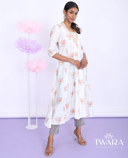 Twara cream floral printed v-neck with 3/4th sleeve chanderi a-line below-knee kurti