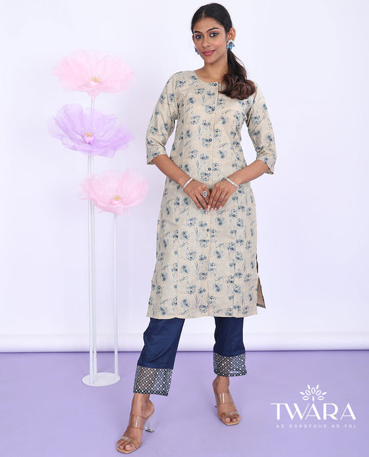 Twara beige floral printed round neck with 3/4th sleeve straight-cut below-knee kurti
