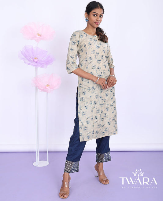 Twara beige floral printed round neck with 3/4th sleeve straight-cut below-knee kurti