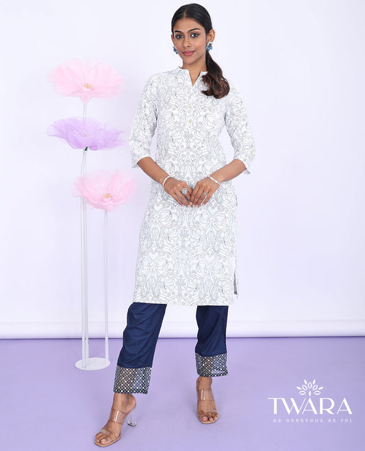 Twara cream floral vine printed Chinese collar with 3/4th sleeve cotton straight-cut below-knee kurti