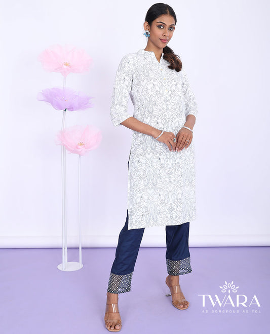 Twara cream floral vine printed Chinese collar with 3/4th sleeve cotton straight-cut below-knee kurti