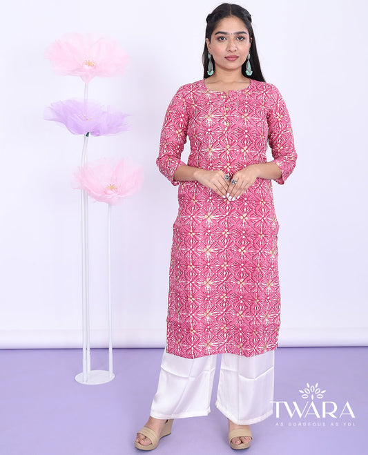 Twara pink batik-style intricately printed round neck with 3/4th sleeve cotton straight-cut below-knee kurti