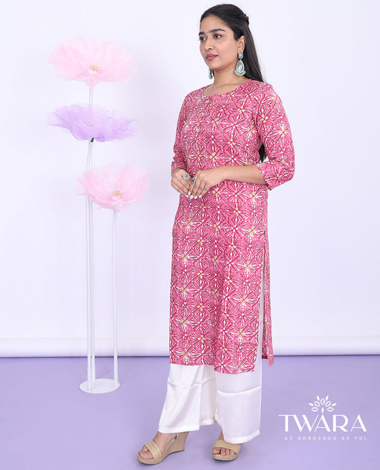 Twara pink batik-style intricately printed round neck with 3/4th sleeve cotton straight-cut below-knee kurti