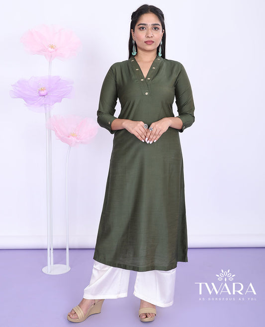 Twara green embroidered v-neck with 3/4th sleeve cotton a-line below-knee kurti