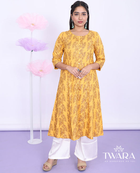 Twara orange leaf vine printed round neck with 3/4th sleeve cotton a-line below-knee kurti