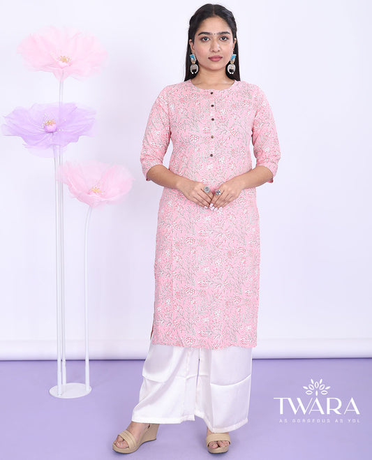 Twara pink floral vine printed round neck with 3/4th sleeve rayon straight-cut below-knee kurti