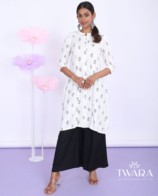 Twara white floral motifs printed chinese collar with 3/4th sleeve rayon straight-cut knee-length kurti