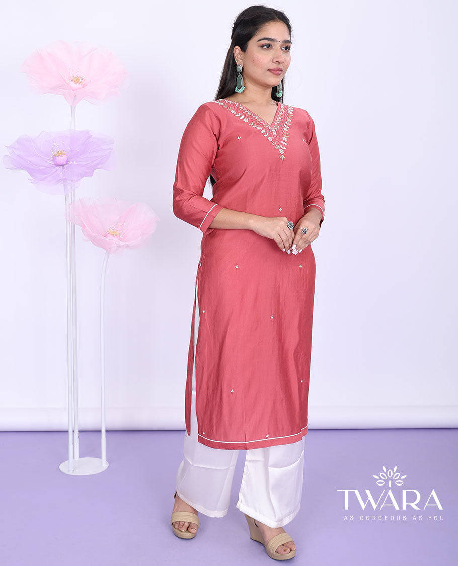 Twara pink embroidered V-neck with 3/4th sleeve muslin straight-cut below-knee kurti
