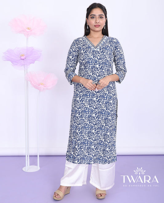 Twara blue batik-style floral printed V-neck with 3/4th sleeve cotton straight-cut below-knee kurti