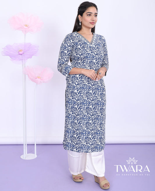 Twara blue batik-style floral printed V-neck with 3/4th sleeve cotton straight-cut below-knee kurti