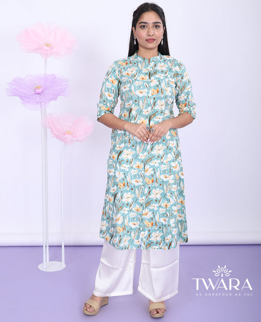 Twara blue floral printed Chinese collar with elbow sleeve cotton a-line below-knee kurti