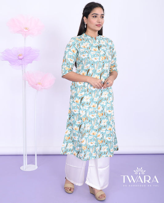 Twara blue floral printed Chinese collar with elbow sleeve cotton a-line below-knee kurti