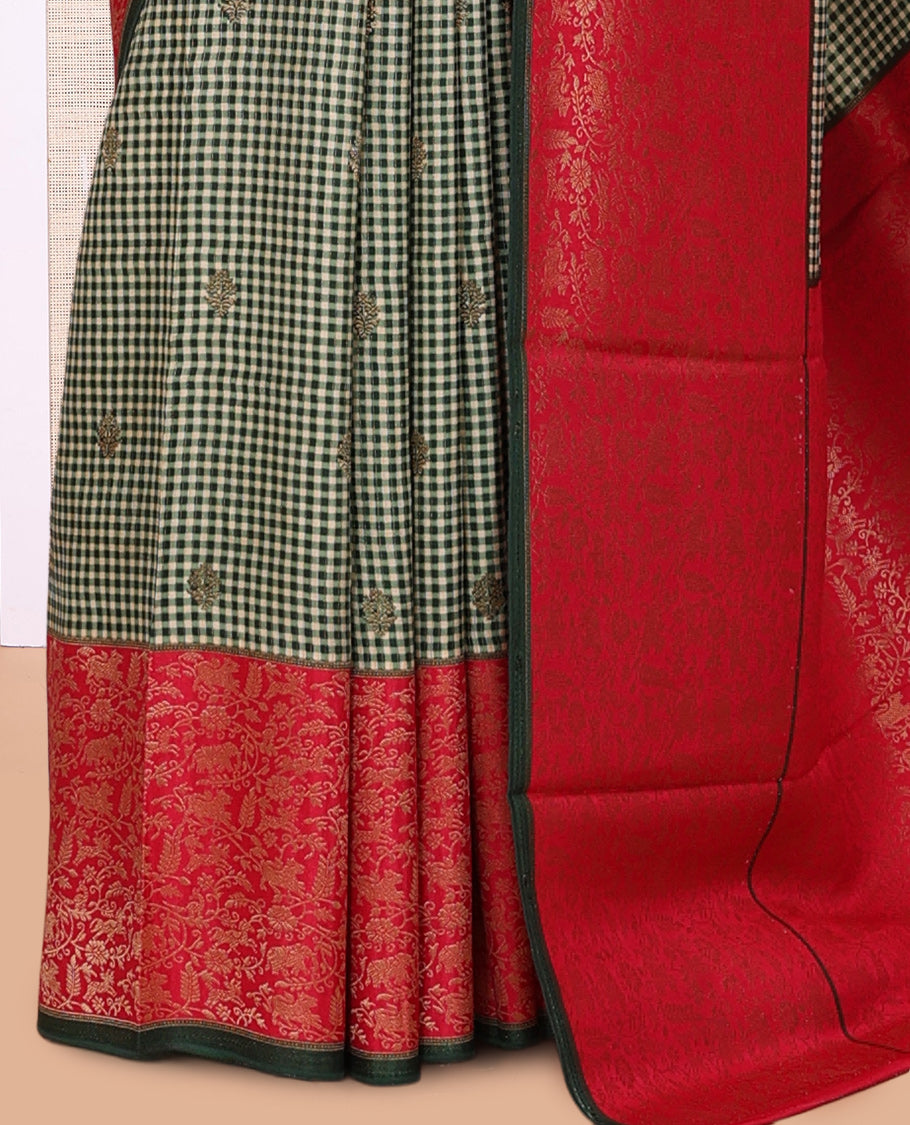 Bottle Green Micro Checks Fancy Mysore Silk Saree
