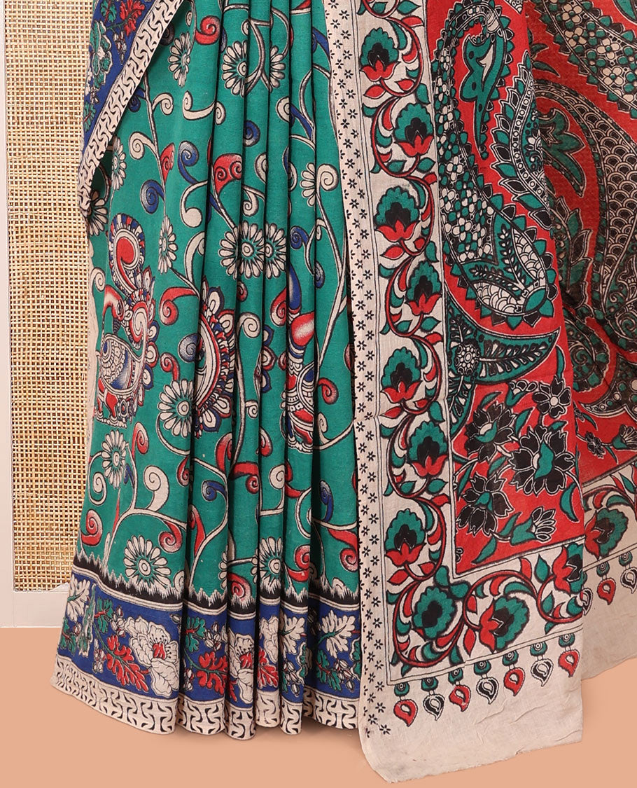 Blue Kalamkari Cotton Saree, Adorned with Floral Vine Print, Contrast Printed Border, Kalamkari Paisley Motifs Pallu, and a Contrast Blouse