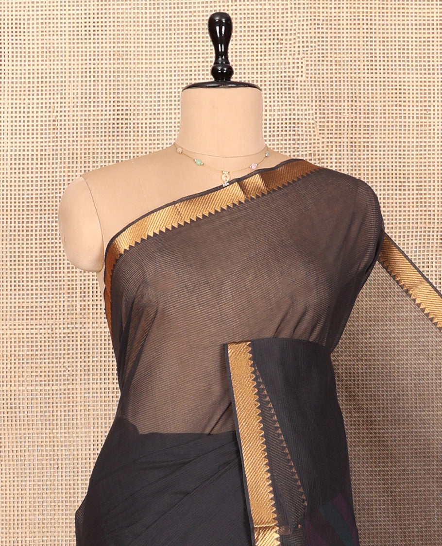 Black Plain Andhra Cotton Saree, Highlighted by a Temple Zari Border, Contrast Striped Pallu, and a Contrast Blouse