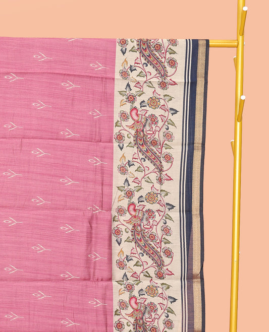 Pink Mul Mul Cotton Saree, Impeccably Styled with Ikat Buttas, Contrast Kalamkari Floral-Peacock Border, Kalamkari Printed Pallu, and a Contrast Blouse
