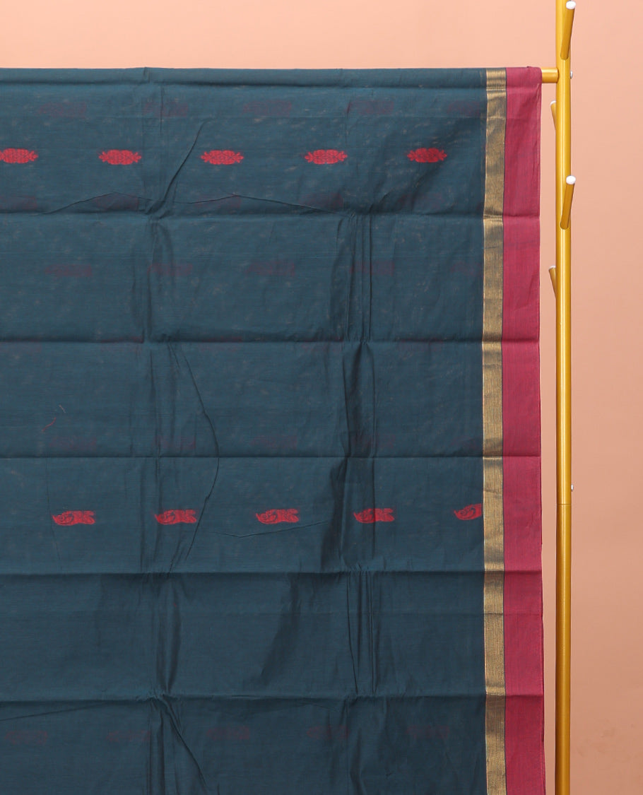 Peacock Blue Kanchi Cotton Saree, Featuring Buttas on Its Body, Contrast Border, Pallu of Floral Design, and a Matching Blouse