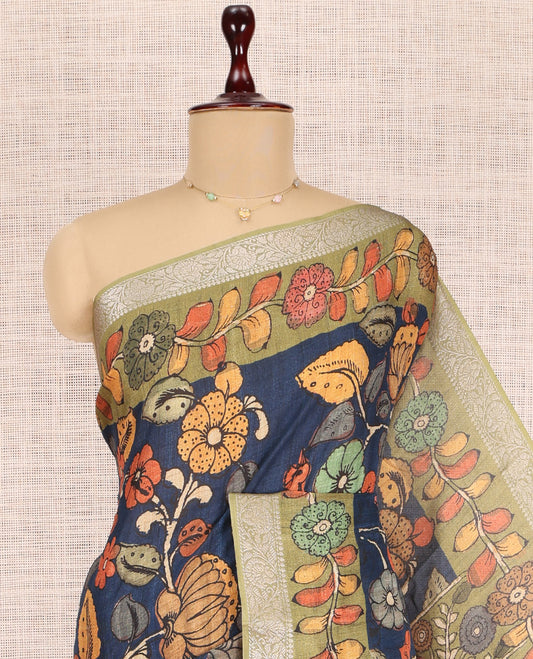 Navy Blue Kalamkari Printed Fancy Tussar Saree